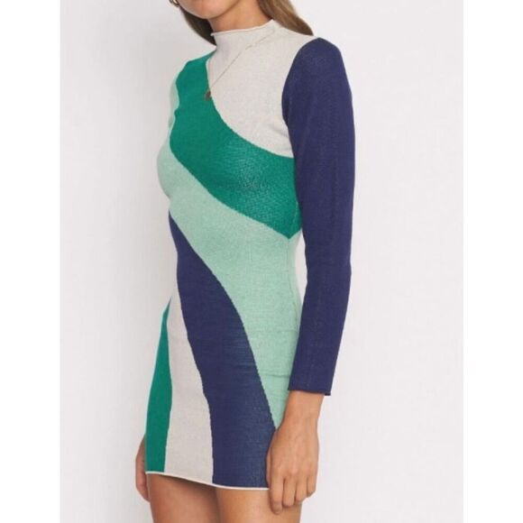 NWOT Dee Elly Mod Bold Green Versatile Mock Neck Mini Dress Women's Large - Picture 2 of 12